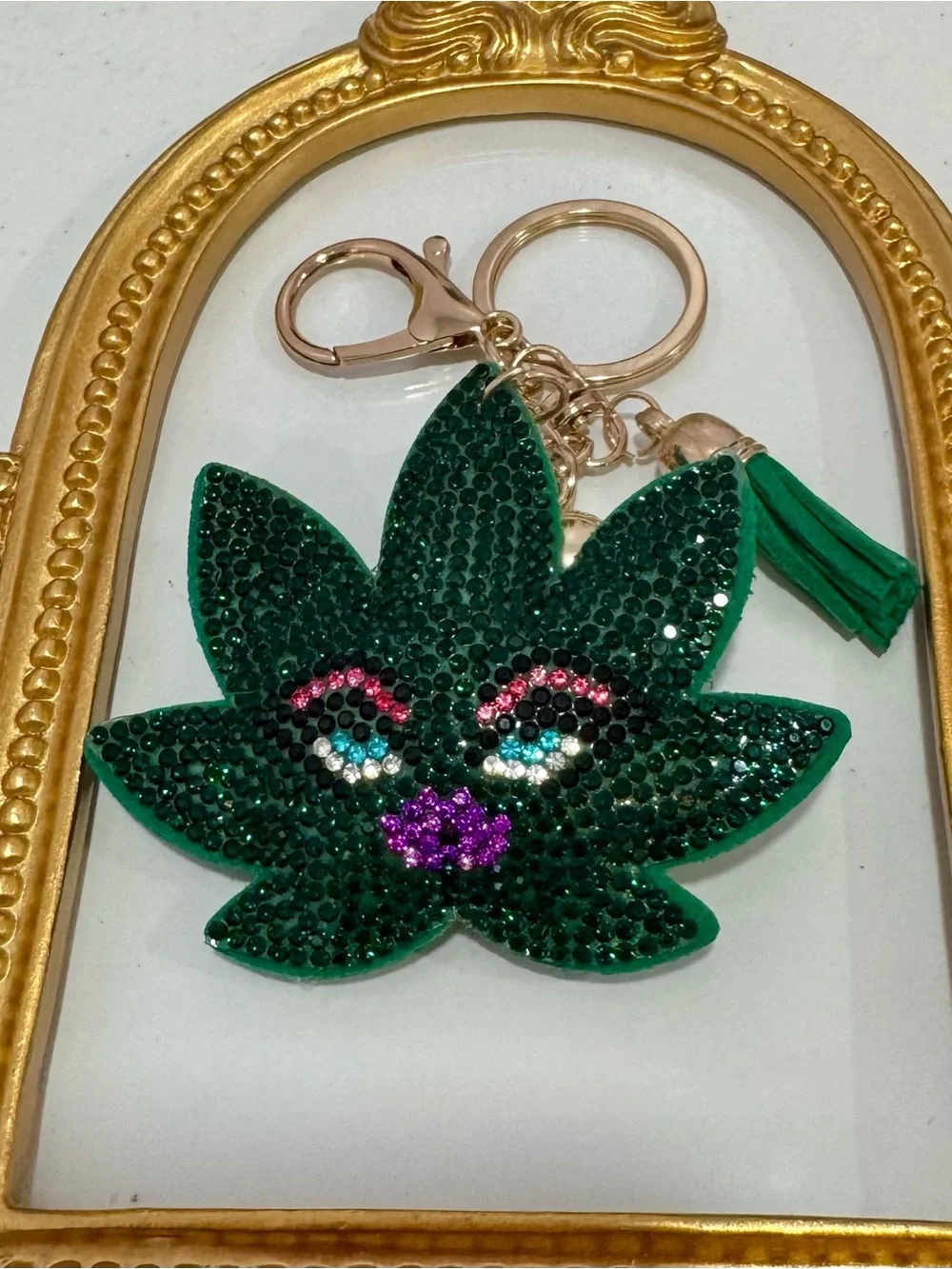 New Green Crystal Leaf Charm Keychain with Tassel